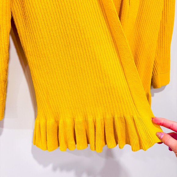 Yellow Open-Front Rib Knit Cardigan with Ruffle Hem | Small * - Picture 5 of 7